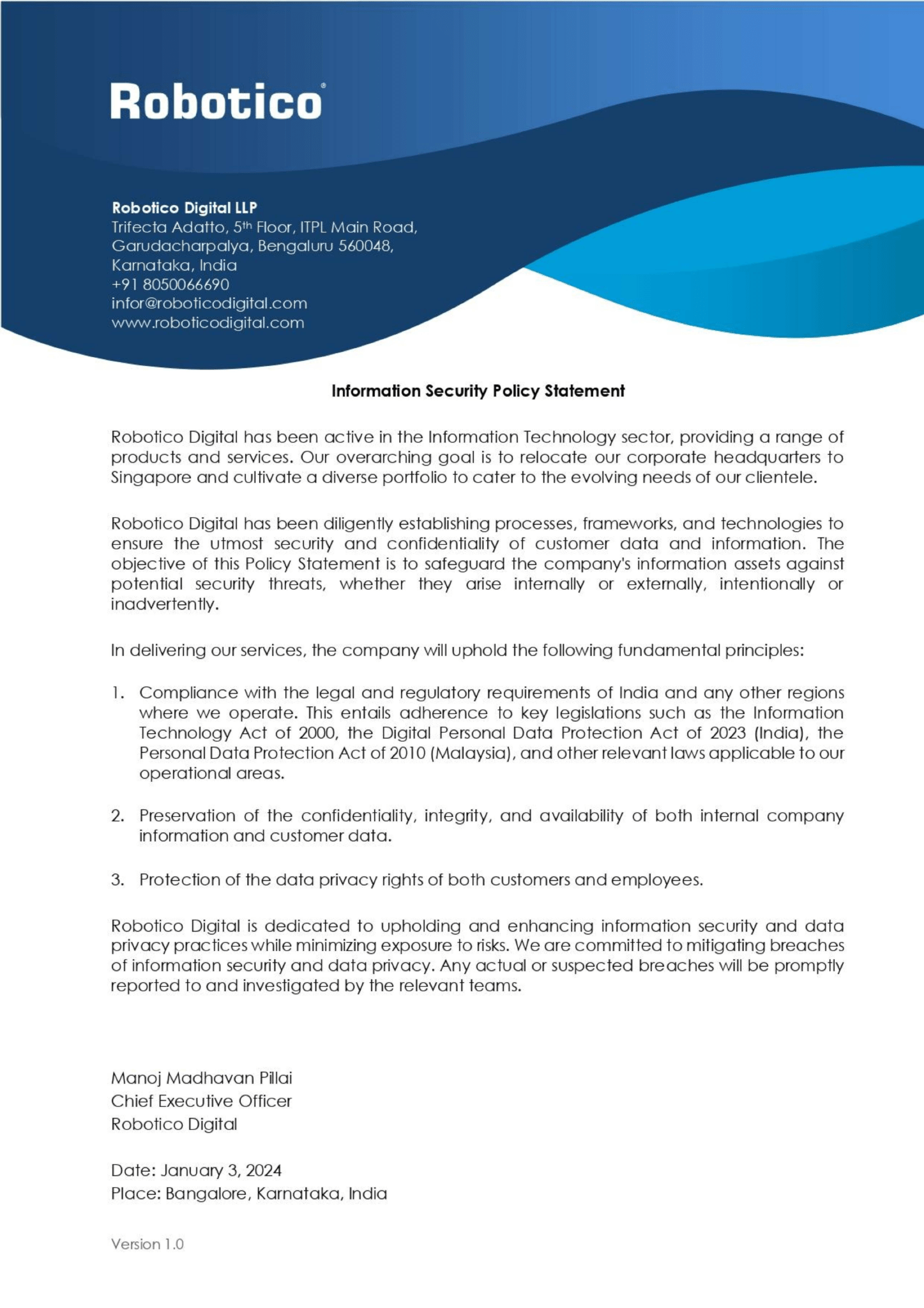 Robotico Information Security Policy Statement